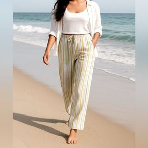 Coldwater Creek 100% Linen Striped Drawstring Summer Pants Sz 20W Coastal Style